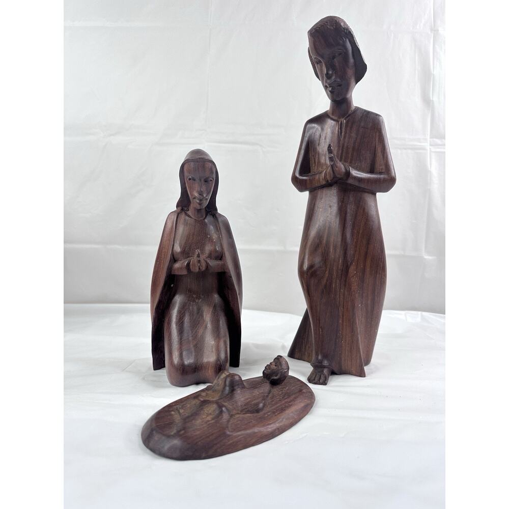 African Inspired Hand Carved Wooden Holy Family Nativity Set Religious Christmas